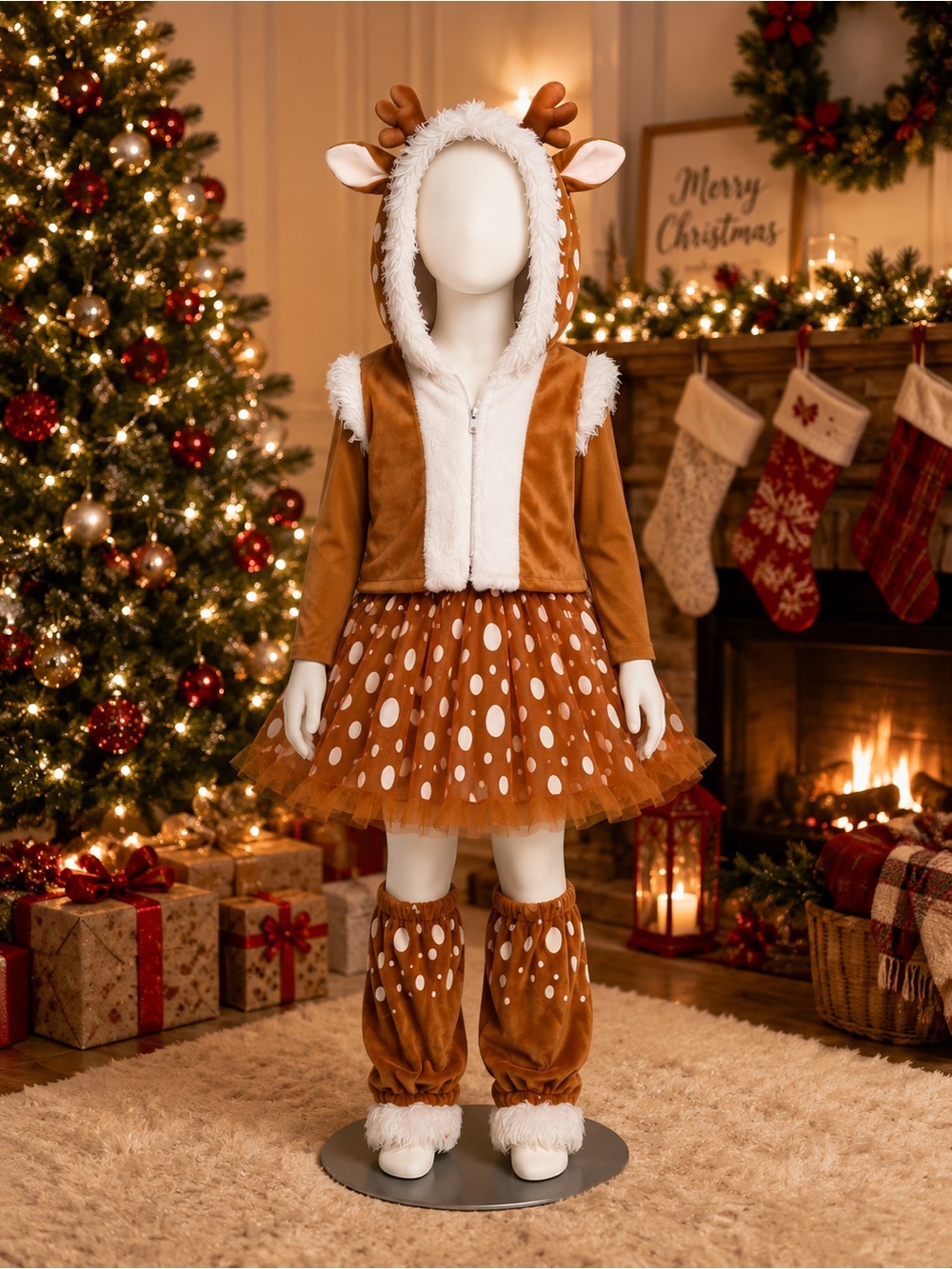 🦌Kids Brown Reindeer Costume Dress with Hood and Leg Warmers🦌